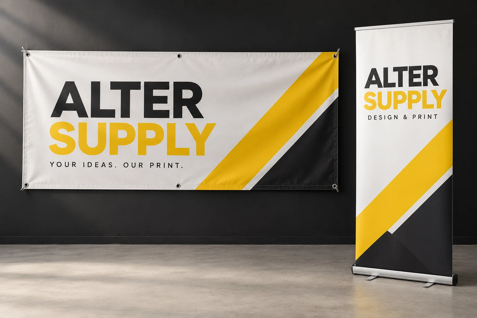 Visual konsep Banner dan bunting dengan branding hitam kuning ALTER SUPPLY