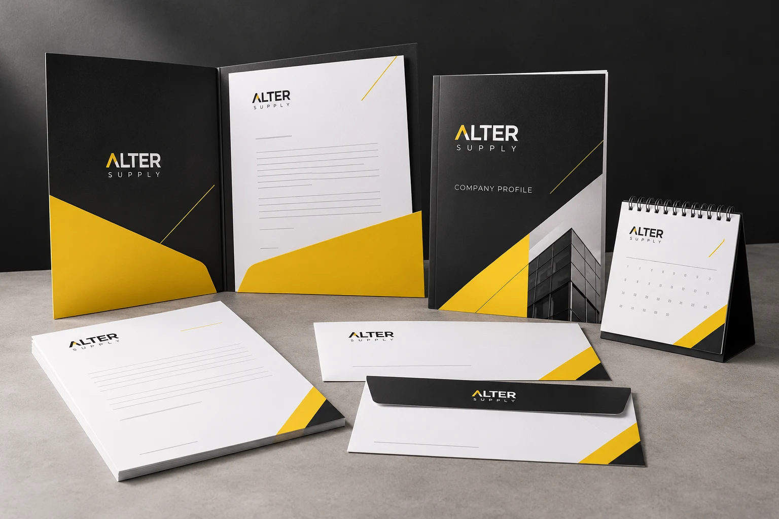 Visual konsep Corporate printing dengan branding hitam kuning ALTER SUPPLY