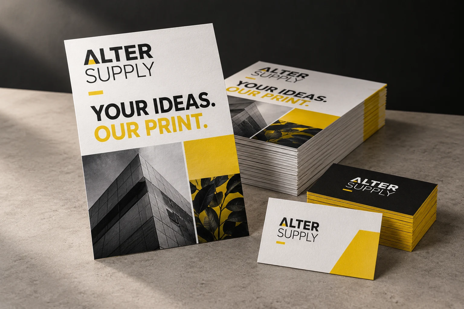 Visual konsep Flyer dan business card dengan branding hitam kuning ALTER SUPPLY