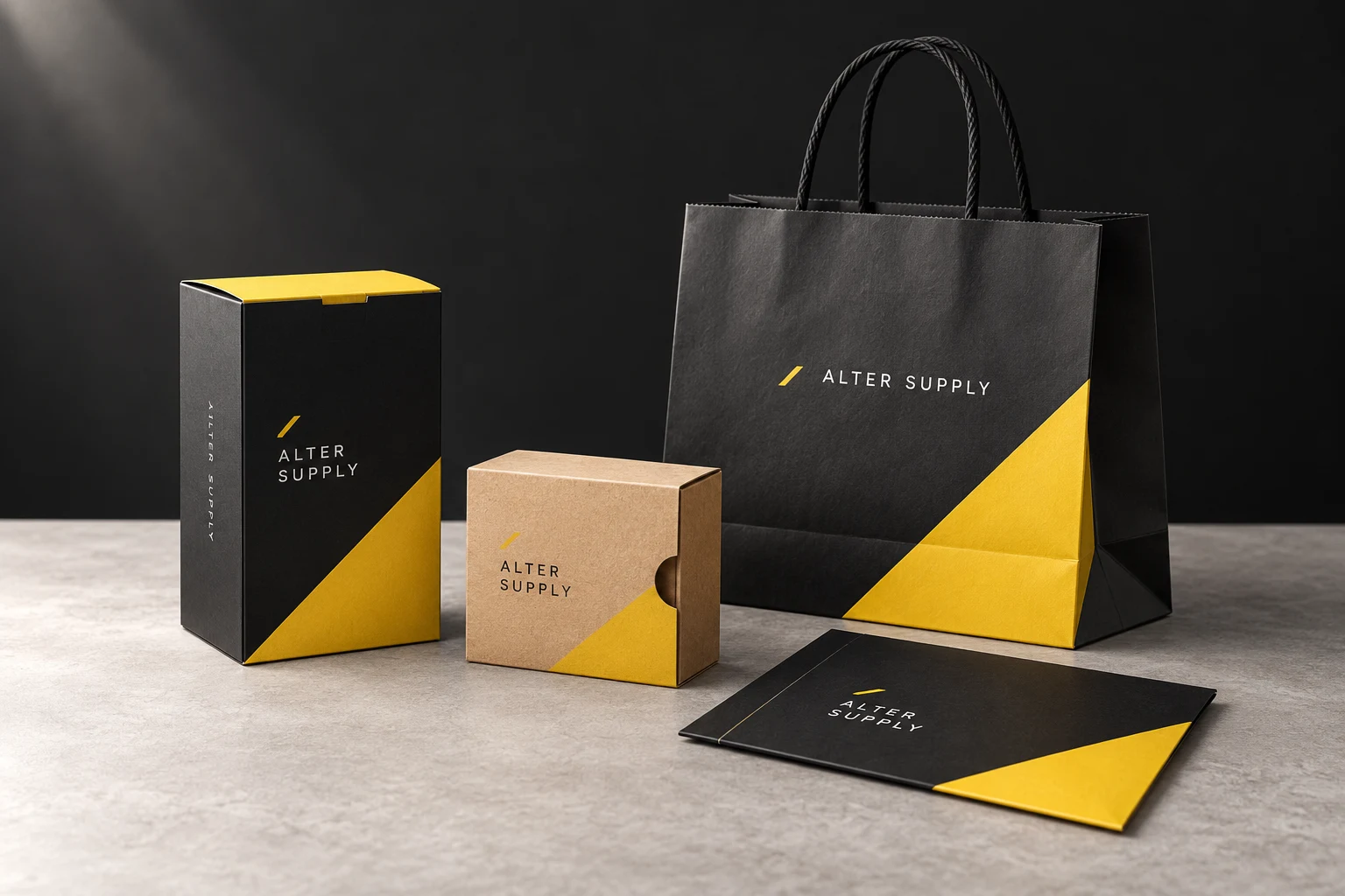 Visual konsep Packaging dengan branding hitam kuning ALTER SUPPLY