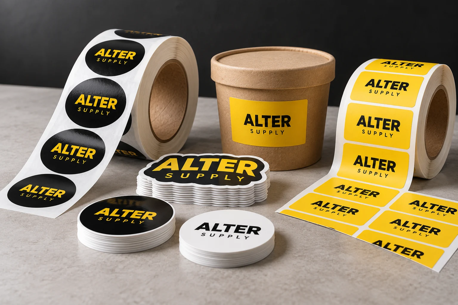 Visual konsep Sticker dan label dengan branding hitam kuning ALTER SUPPLY